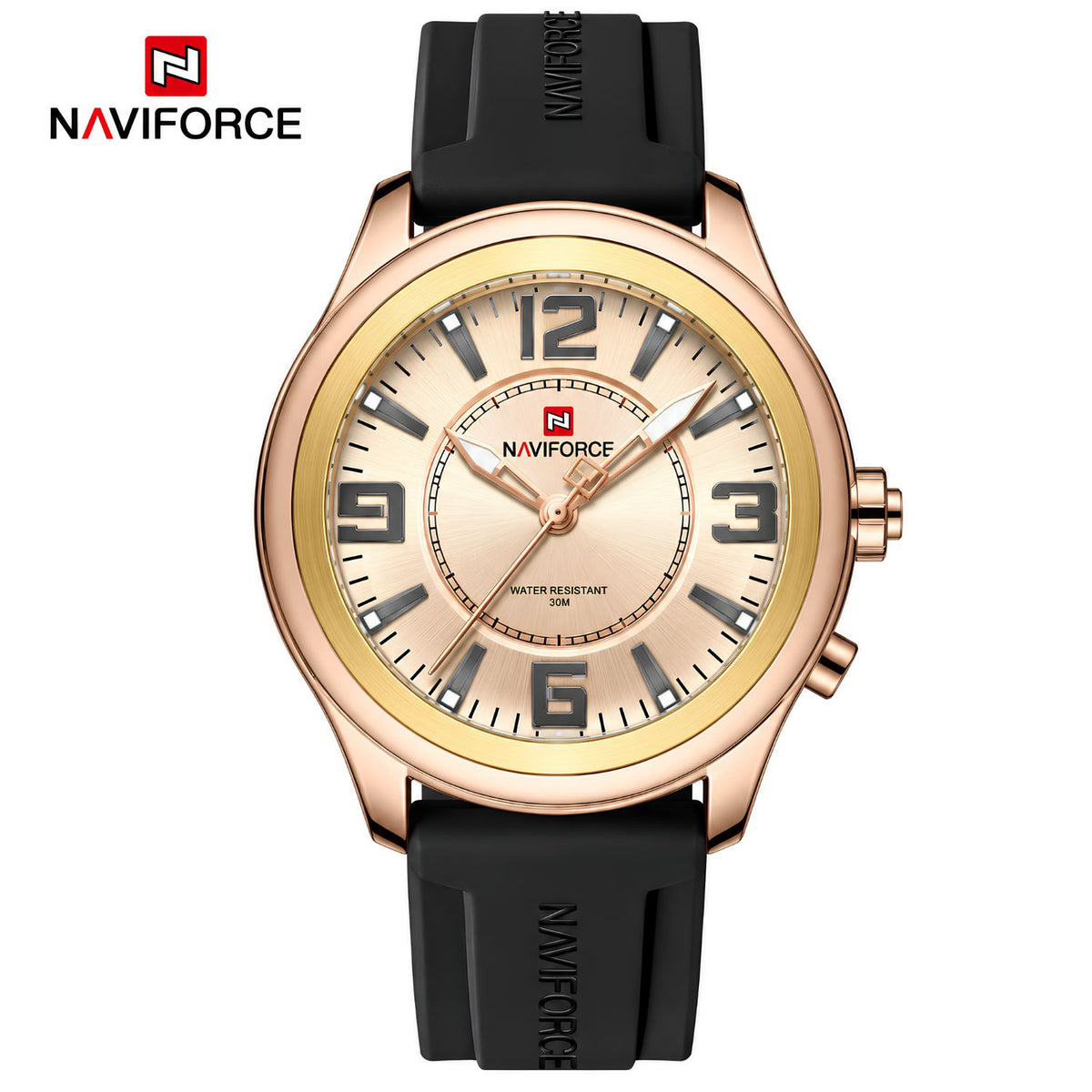 Naviforce Reloj de Cuarzo Oro Rosa y Negro 3 ATM con Cristal Mineral Endurecido, Correa de Silicona y Diámetro de 45mm.
