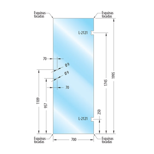 Puerta Baño templada 10mm 70x199.5cm. Con saque L-2121 y tirador L-2846 152 mm