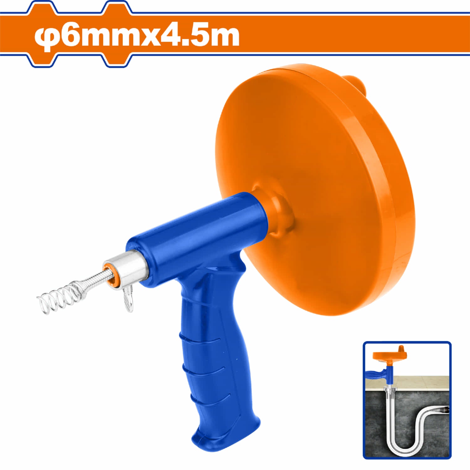 Destapacaños tipo Pistola 6mmx4.5m Acero de resorte flexible. Bobina tipo resorte para limpieza. Destapador de cañeria