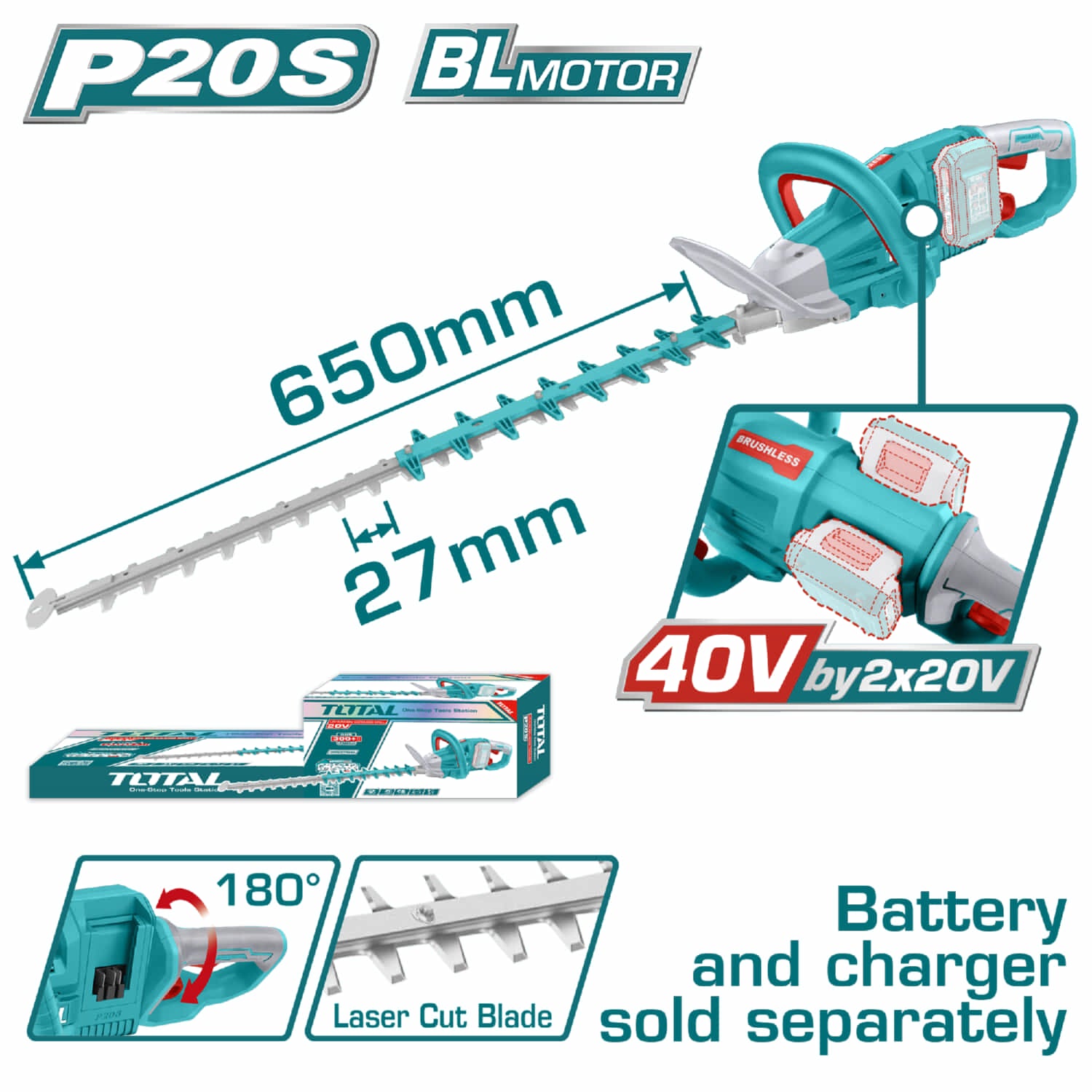Cortasetos Podadora Inalámbrica 40V Longitud de 650mm 3600cpm No incluye batería ni cargador. Super total