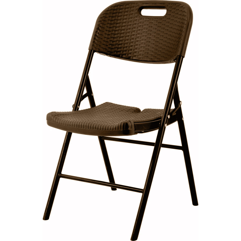 Silla plástica plegable estilo rattan con marco de acero revestido. Medidas 83 cm x 46 cm x H57 cm
