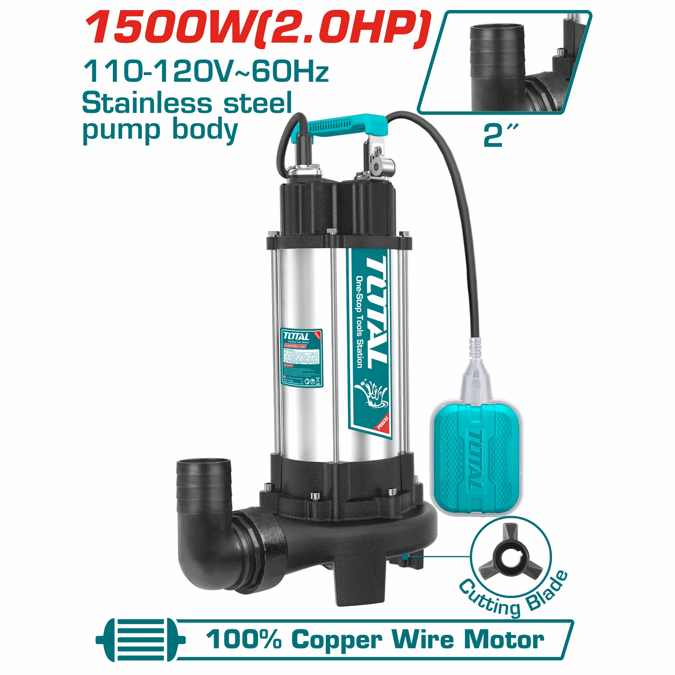 Bomba sumergible para agua sucia 2 HP 110V 60 htz 21 M3/H. 1500 W