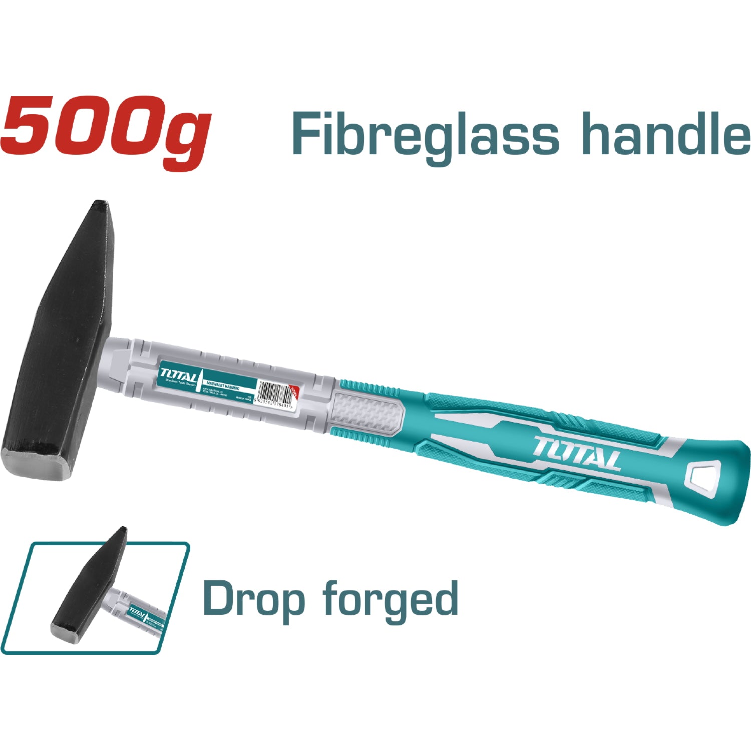 Martillo forjado, Tratam térmico, Acero 45 # Mango fibra vidrio 500g.