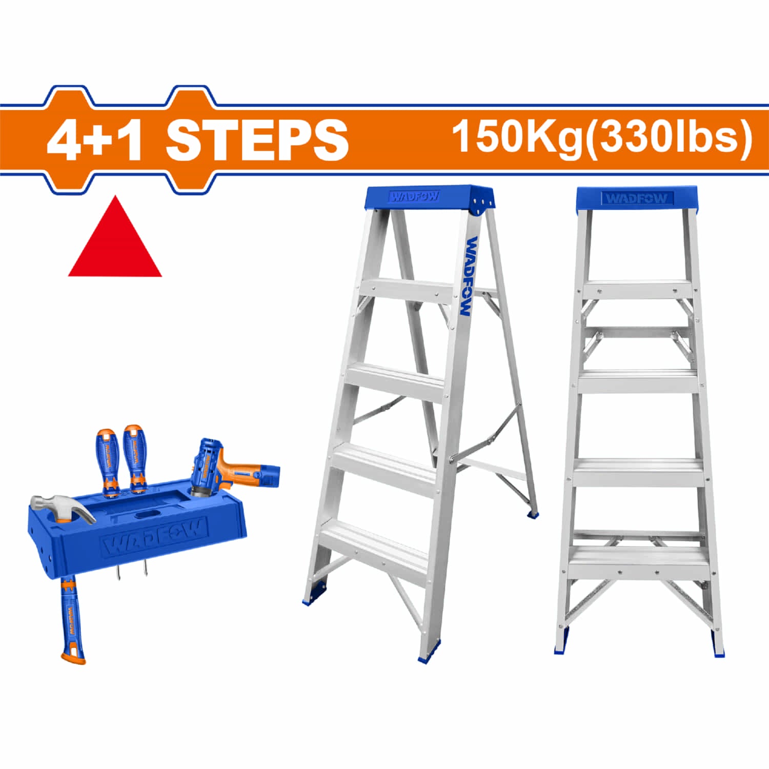Escalera de tijera aluminio 4 pasos. Altura de cada paso: 252mm. Carga máxima: 150kg