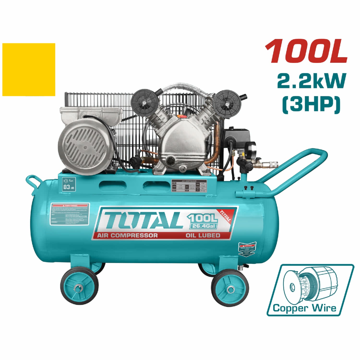 Compresor de aire de correa, 100L(26.4Gal) 2.2kW (3HP) 110-120V~50/60Hz.