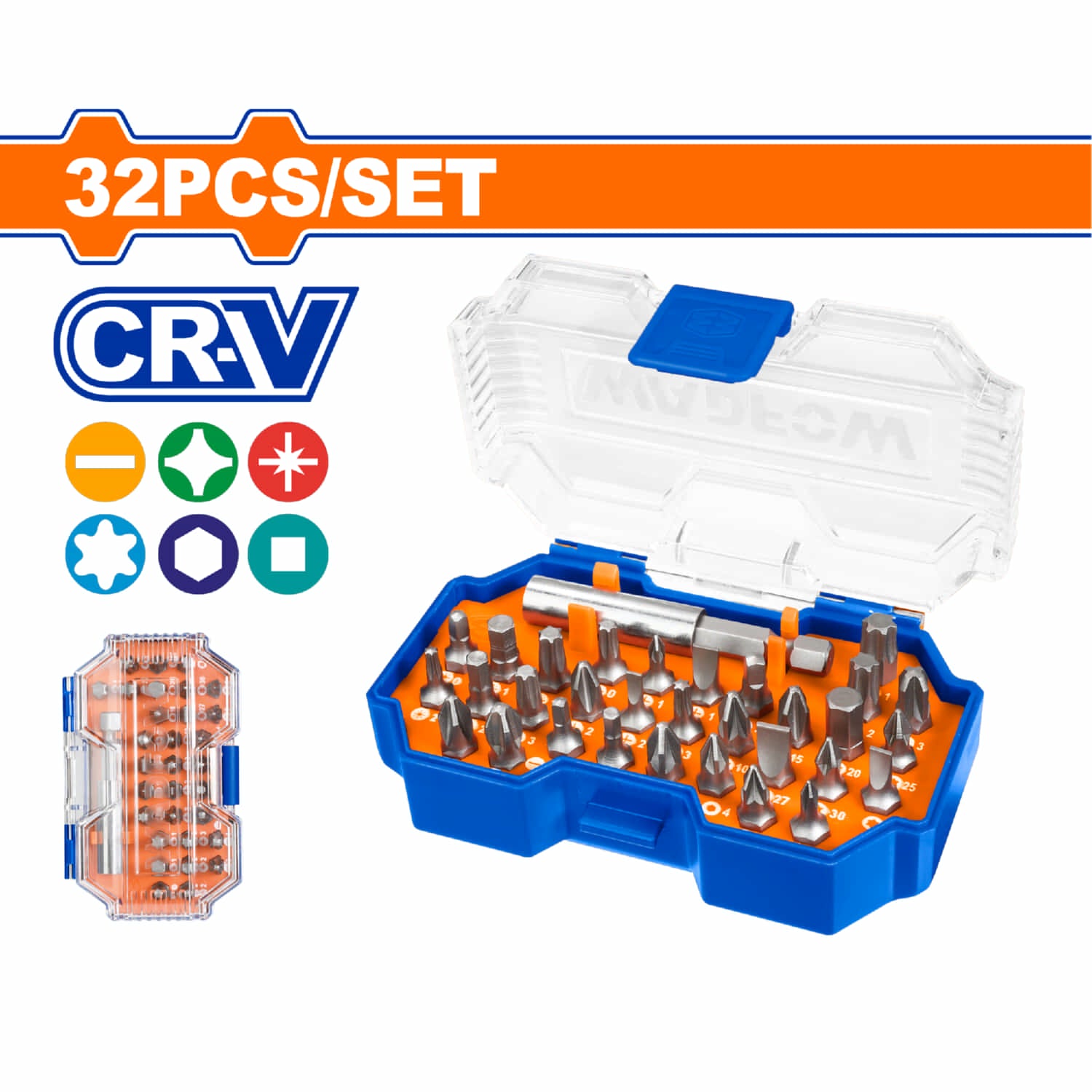 Puntas destornillador 25mm. Cr-V. Brocas: H3,S1,T10,PZ0,PH0. Incluye 1 soporte. Juego de 32 piezas.