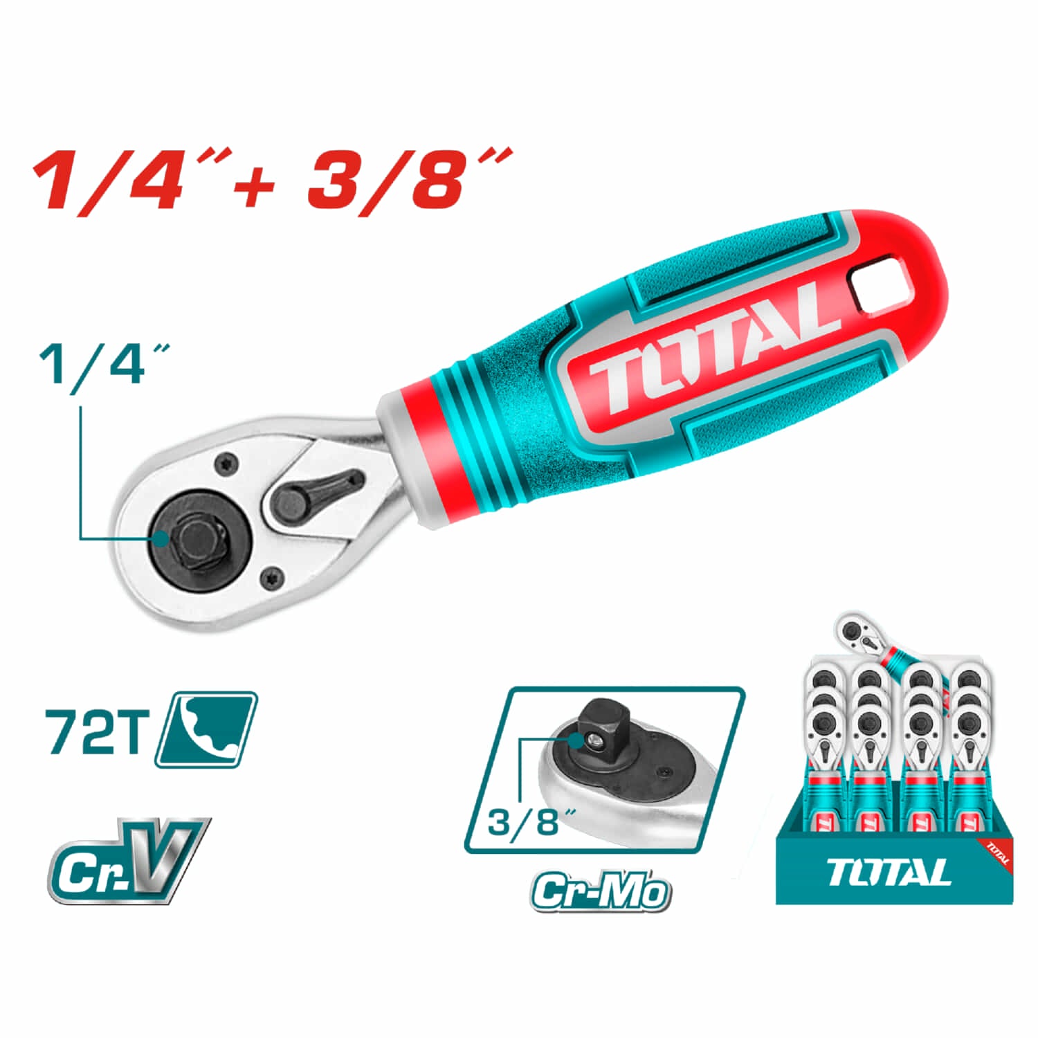 Rache 2 en 1 de 1/4 "Dr & 3/8"Dr, 72T, 140mm largo Material CR-V+Cr-Mo.