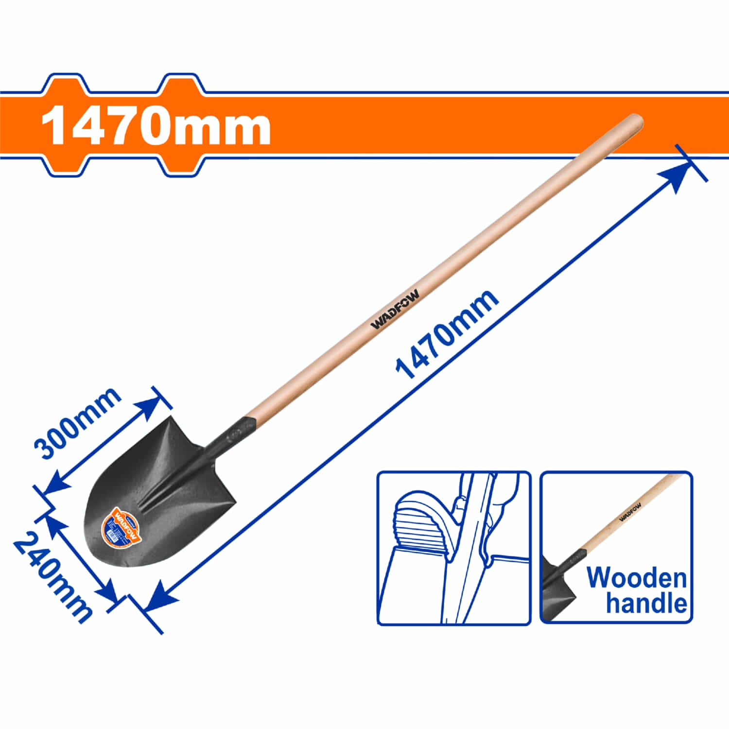 Pala de Punta Redonda con Mango de Madera Long.1470mm. Acero al Carbono. 240mm x 300mm.