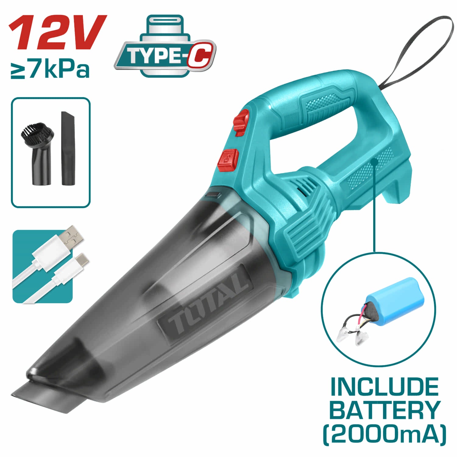 Aspiradora inalambrica 12V Capac. 0.5L Presión: >7kpa Batería no extraíble. Cargador USB-C