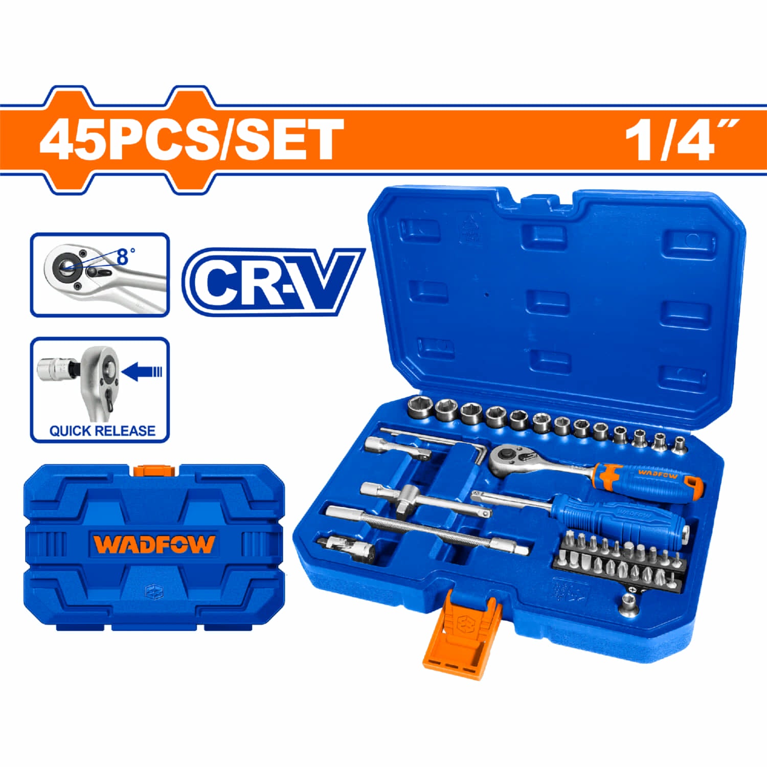 Ratchet con Socket dados 45 piezas 1/4". CR-V. Tratamiento térmico. Se vende en Juego.