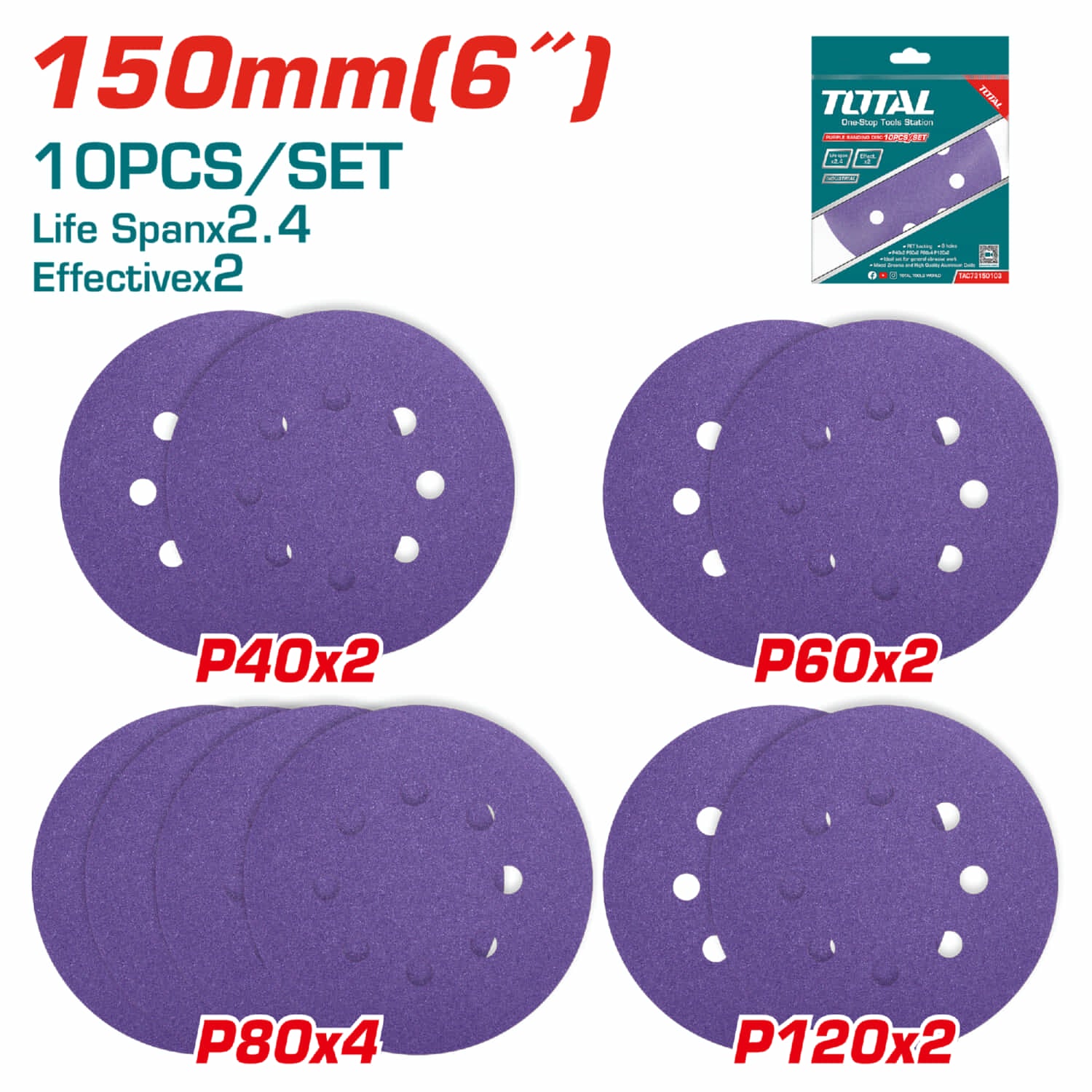 Juego de 10 Discos de Lija para Lijadora de 6" 150mm. P40x2 P60x2 P80x4 P120x2.