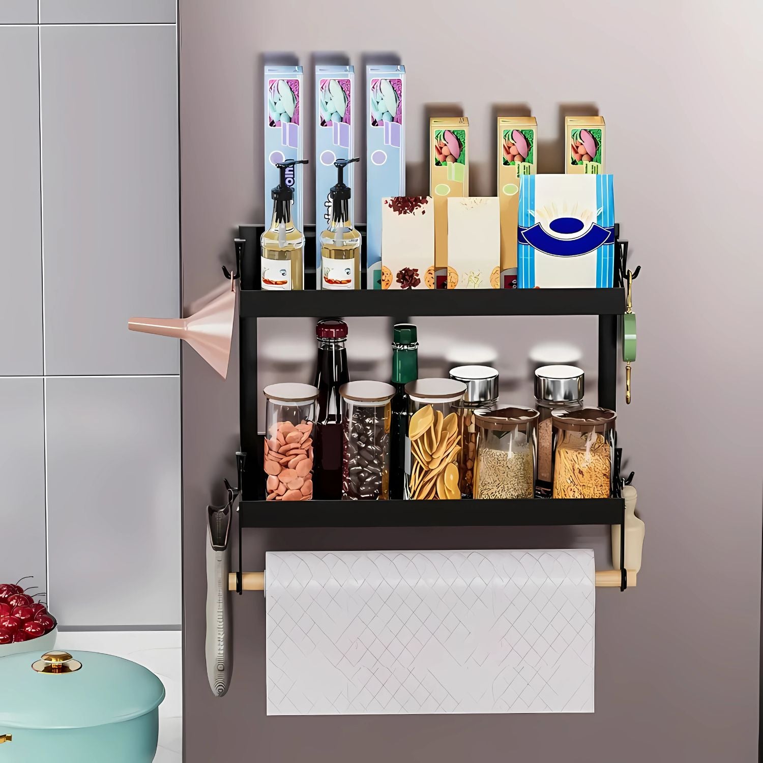 Repisa Organizadora para Refrigerador Magnética. 2 niveles y dispensador de papel en rollo . Ahorra espacio. Estante para nevera.