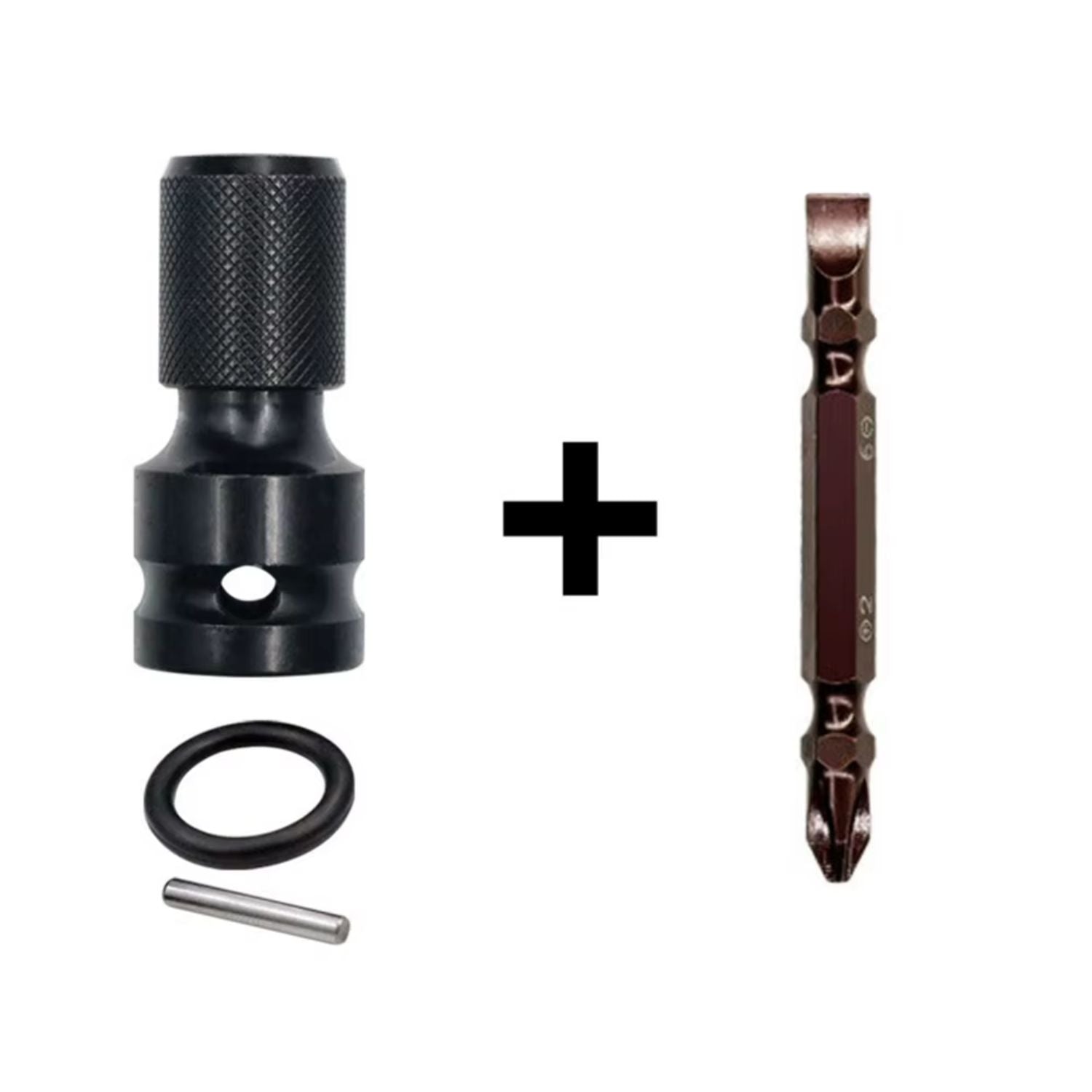 Adaptador de Llave Hexagonal de impacto dado ½” a ¼” Negro con Vástago 65mm y Accesorios. socket Se vende en Set