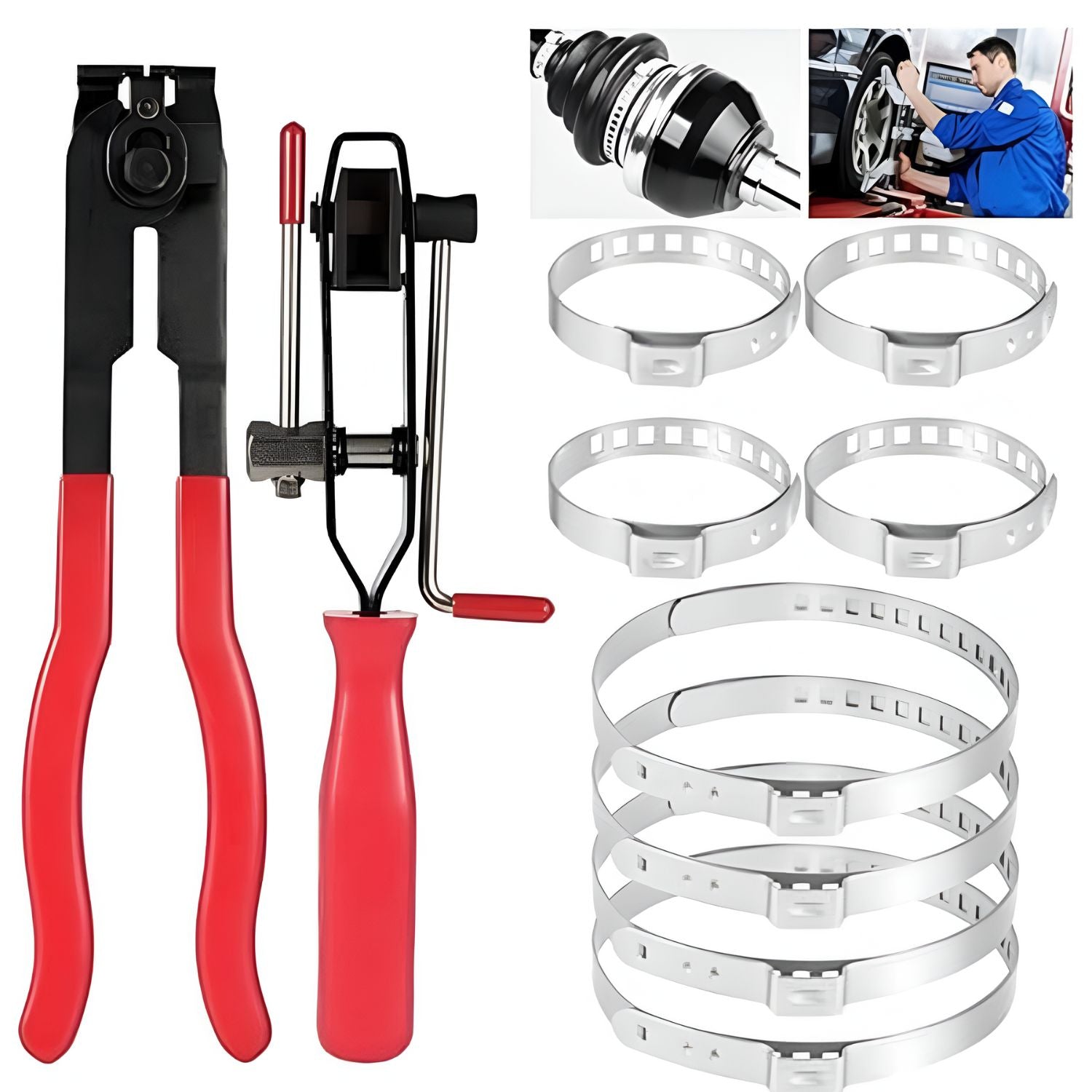 Pinzas Abrazaderas CV sinfín para cubrepolvos (70-120mm (4pzas) 25-142mm (4 pzas) y alicates para ejes de transmisión. Set de 10 piezas. Juntas para autos zunchos metalicos
