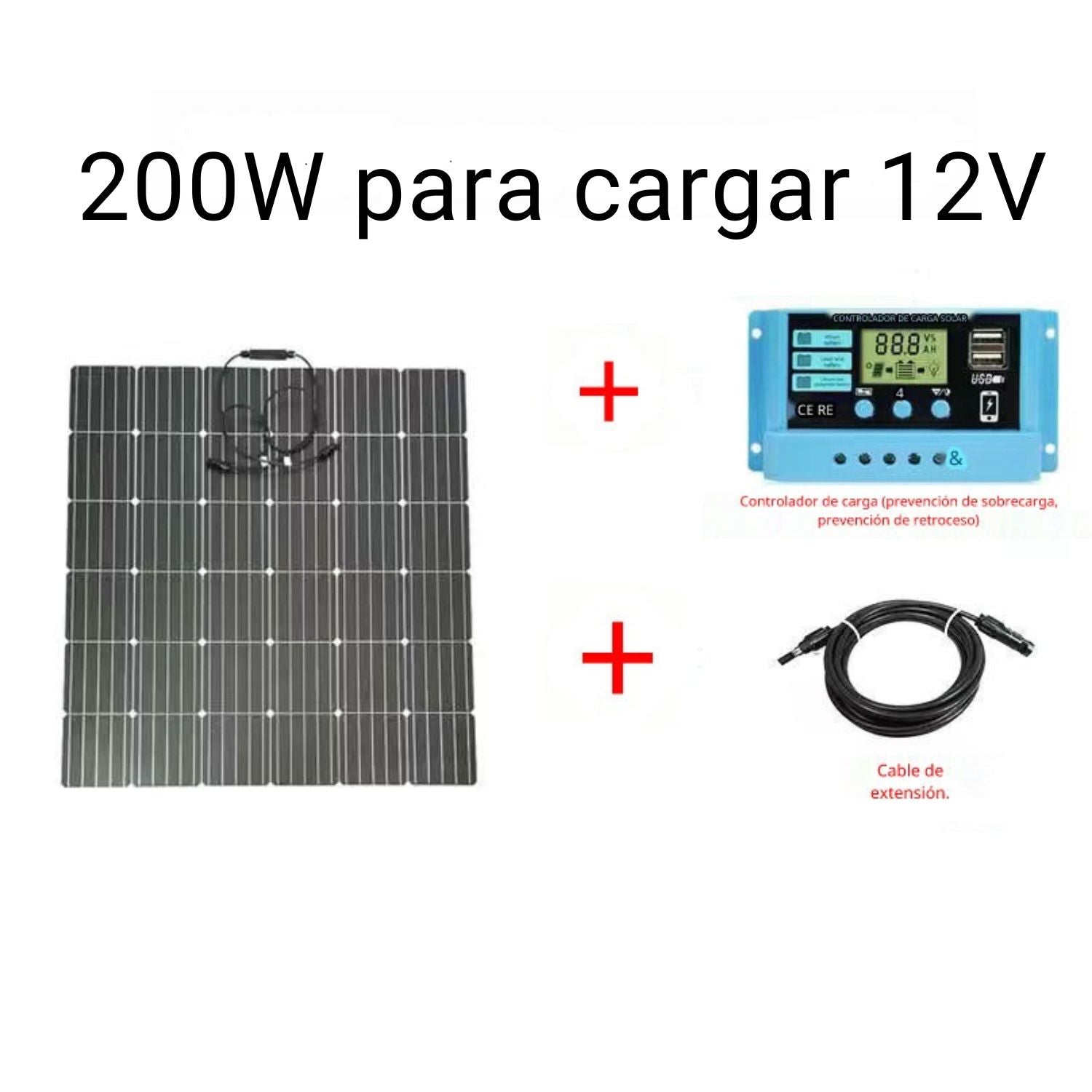 Panel solar 200W, 12V Monocristalino. con controlador de carga y cable. 104x10cm. Resistente al agua.