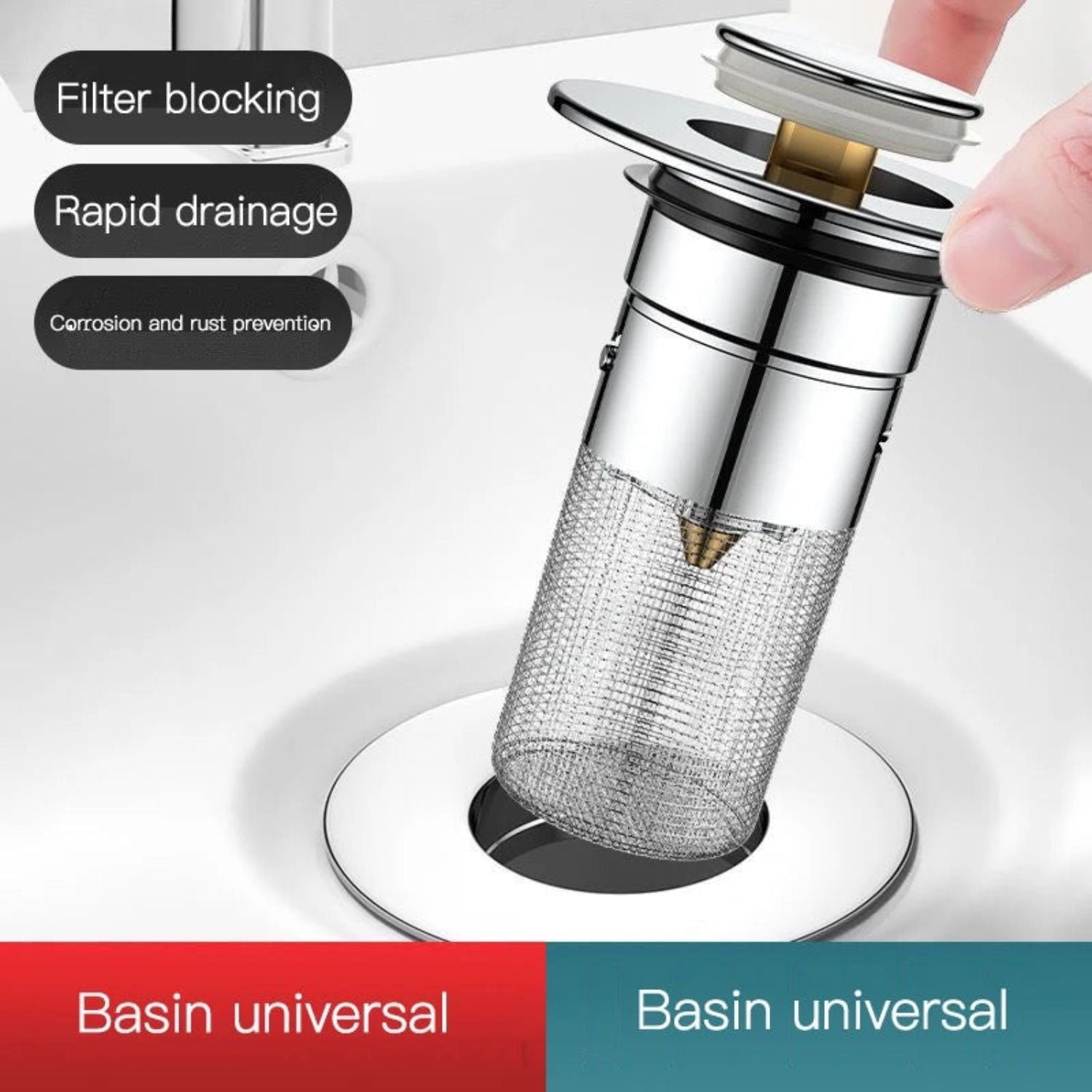 Desagüe de lavamanos y fregador. Medida Universal. Fácil de instalar. Filtro de Drenaje con canasta.