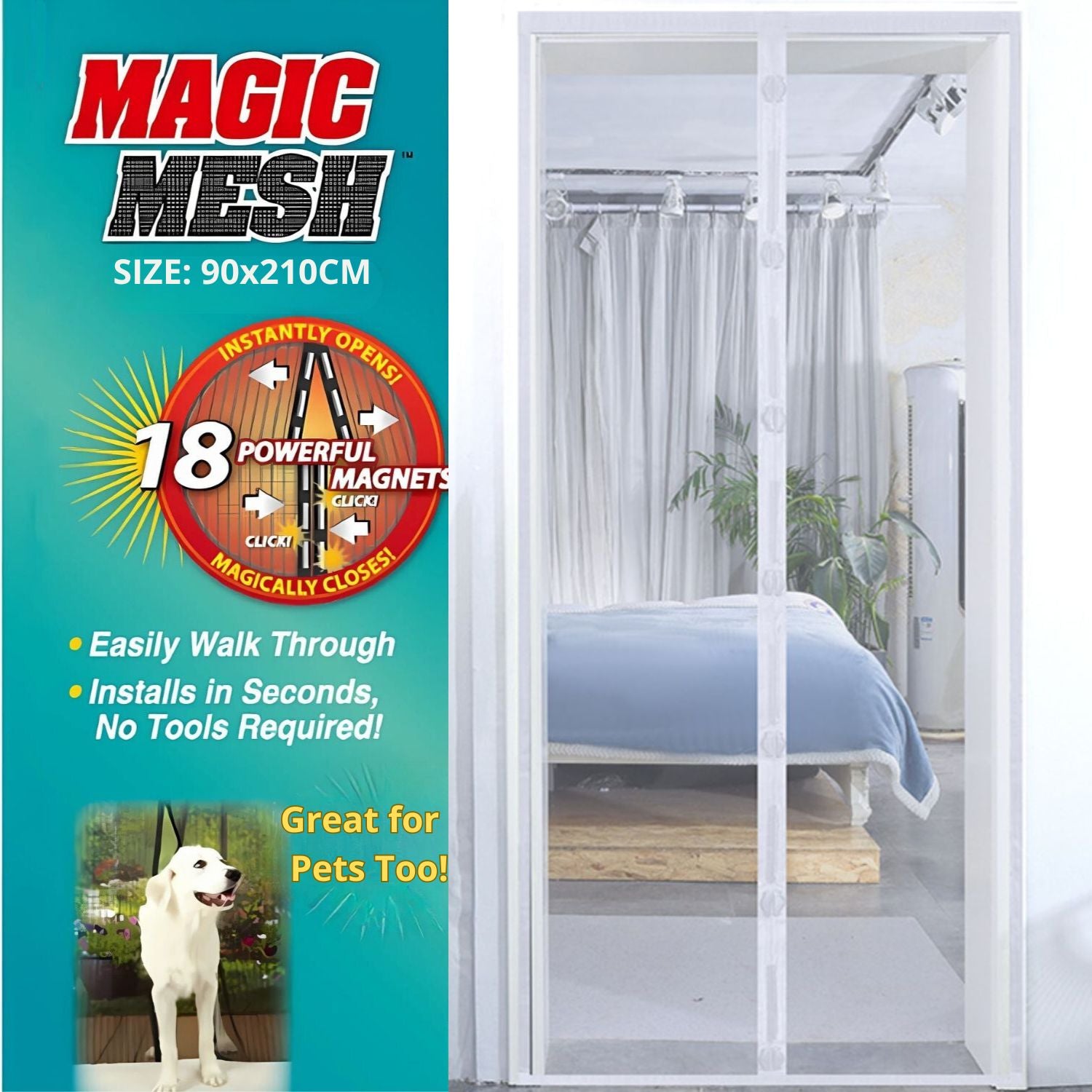 Cortina Mosquitera Magnética Multiuso Color Blanco para Puertas. Fácil de instalar. Tamaño 90x210cm. Malla antimosquito.
