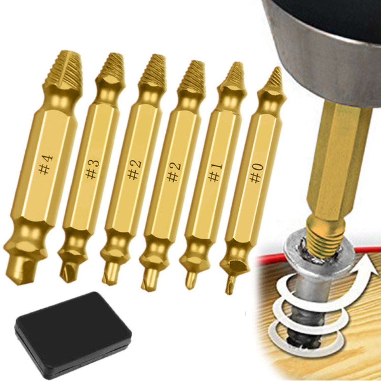 Brocas extractoras de tornillos dañados y pernos rotos # HSS 4341. HRC 62-63 Set de 6 piezas.