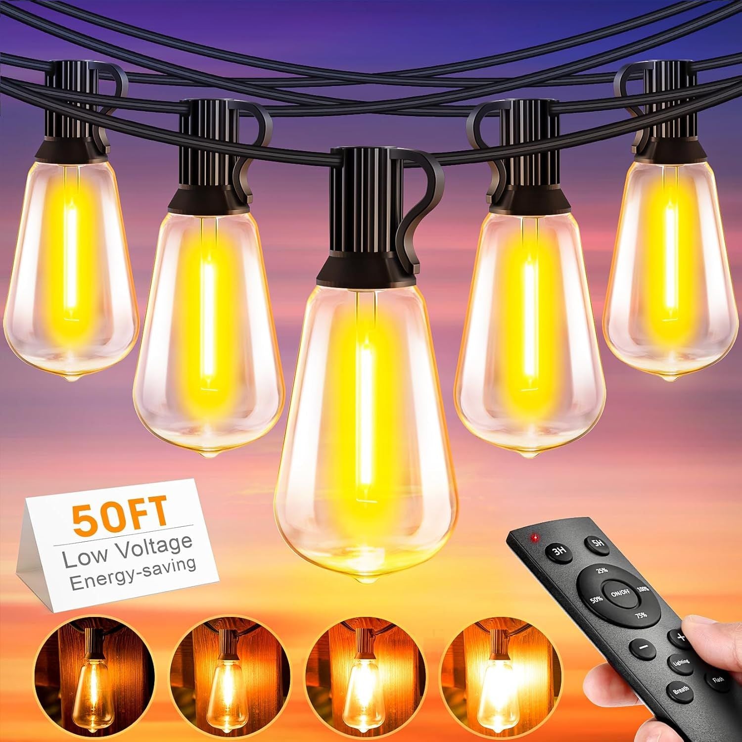 Guirnalda tira LED luces 50Pies 15.2M 25 luces calido 2700K para Exteriores, Impermeables, Bombillas ST38. Control Remoto. 24v 110v