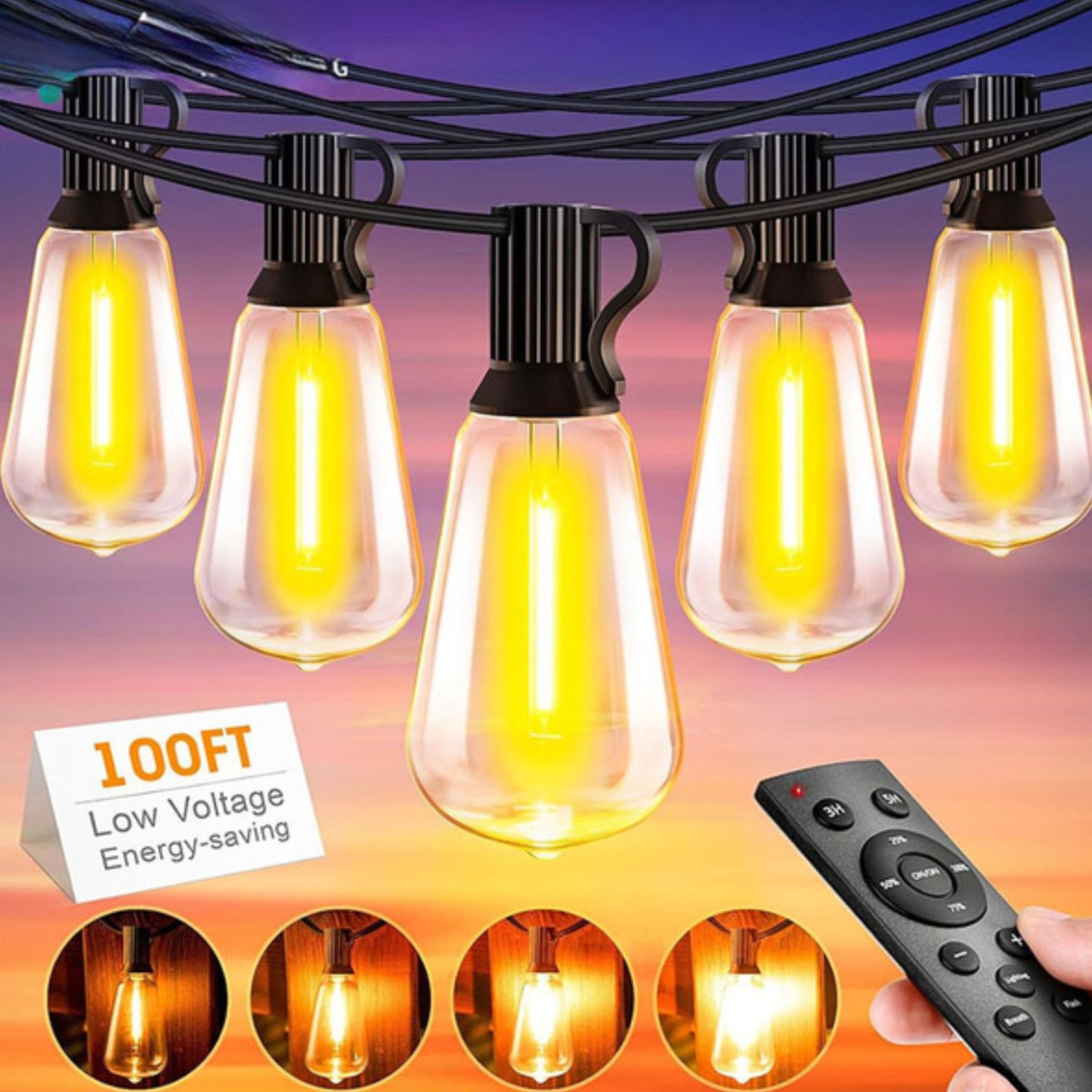 Guirnalda tira LED luces 100Pies 30.4M Luces 50 luces calido 2700K para Exteriores, Impermeables, Bombillas ST38. Control Remoto. 24v 110v