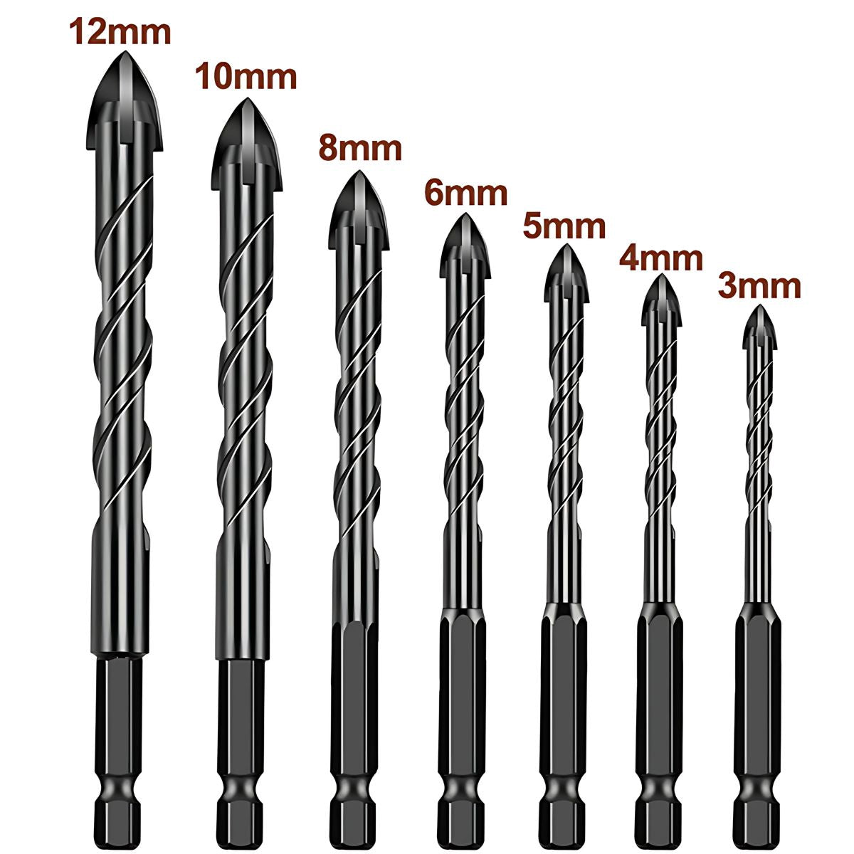 Brocas Punta De Flecha Para Vidrio, Azulejos y cerámica. (Set de 7 piezas) 3mm, 4mm, 5mm, 6mm, 8mm, 10mm, 12mm.
