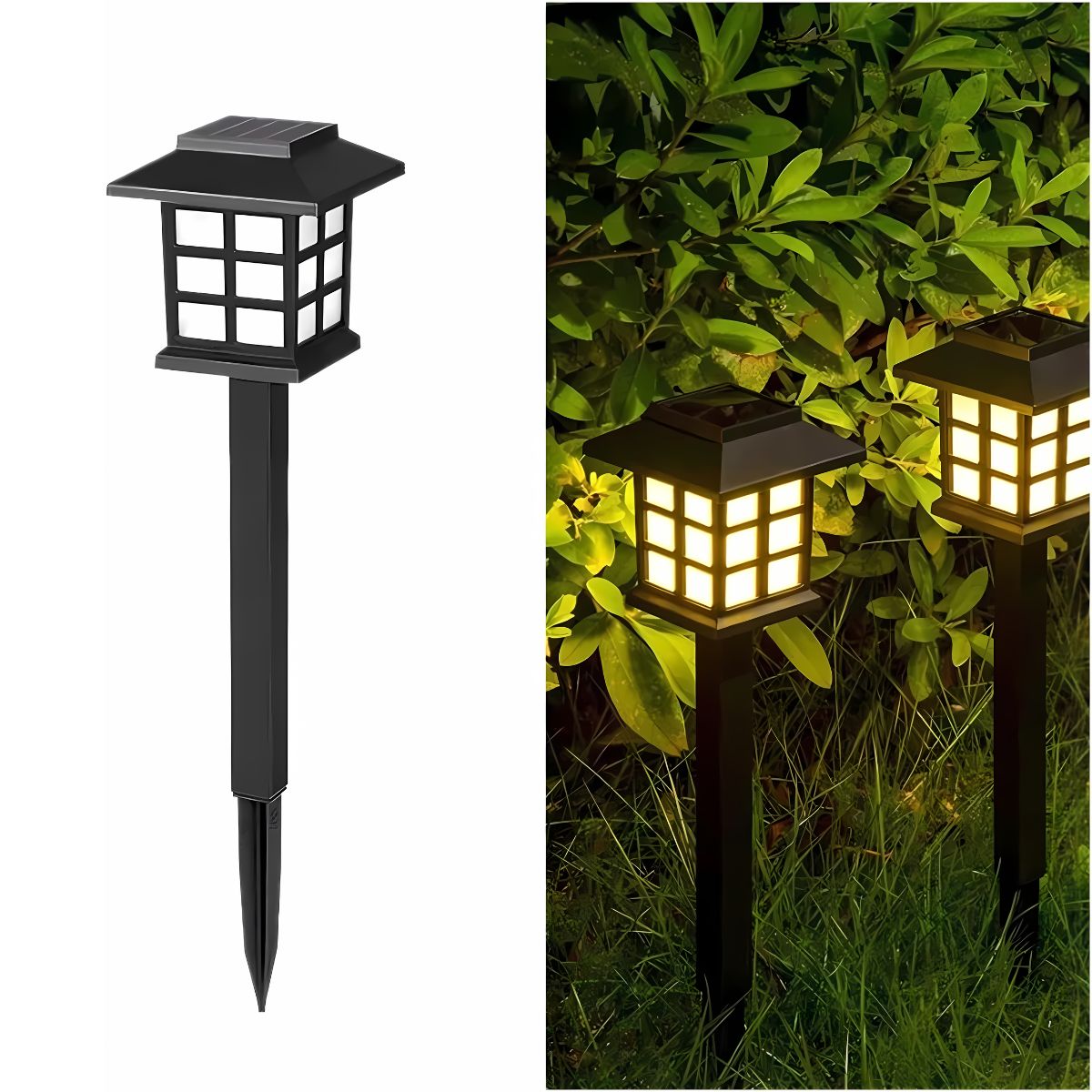 Foco lampara Solar para césped tipo estaca LED. Lampara negra Con Panel Solar Integrado. Reflector Solar Para Jardín. (Luz cálida)
