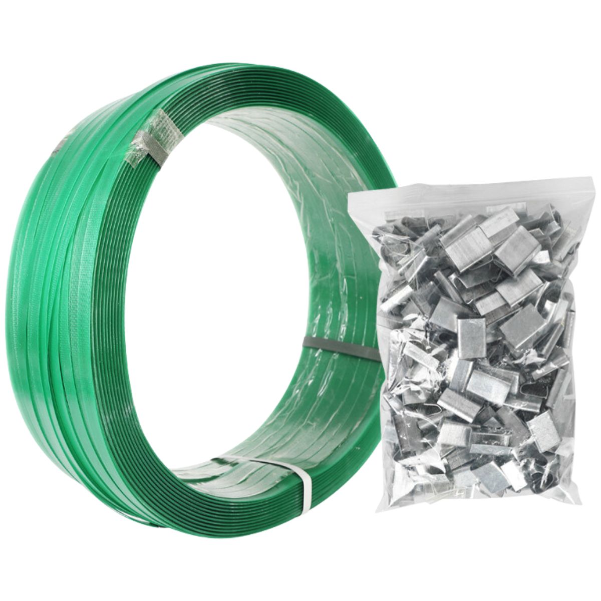 Rollo de Fleje PET 5 kg + 100 Clips de Flejado. Set para flejadora