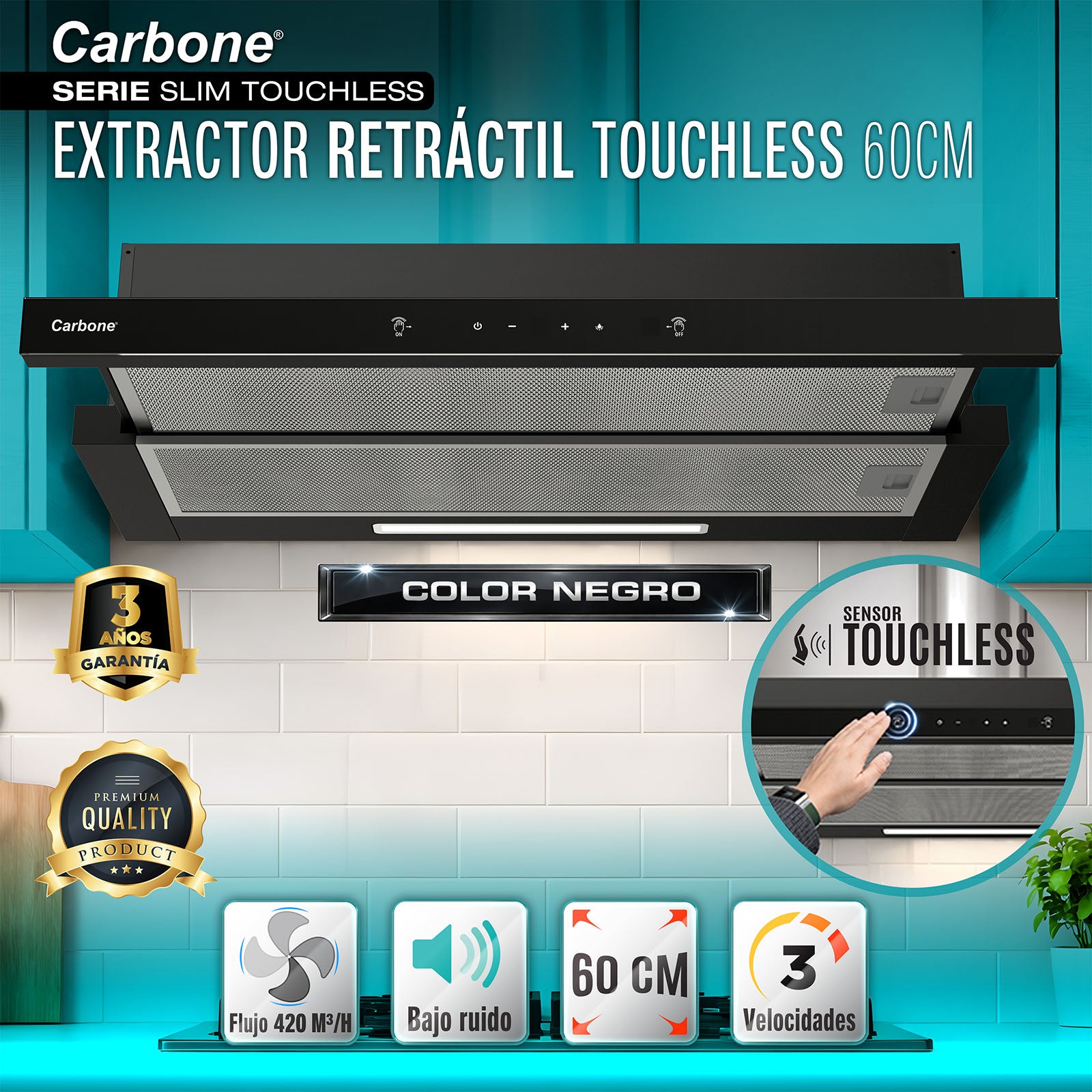 Campana Extractor de grasa retráctil 60 cm Negra con Sensor de Movimiento – 3 Velocidades, 420 m³/h, Filtro de Aluminio + Carbón