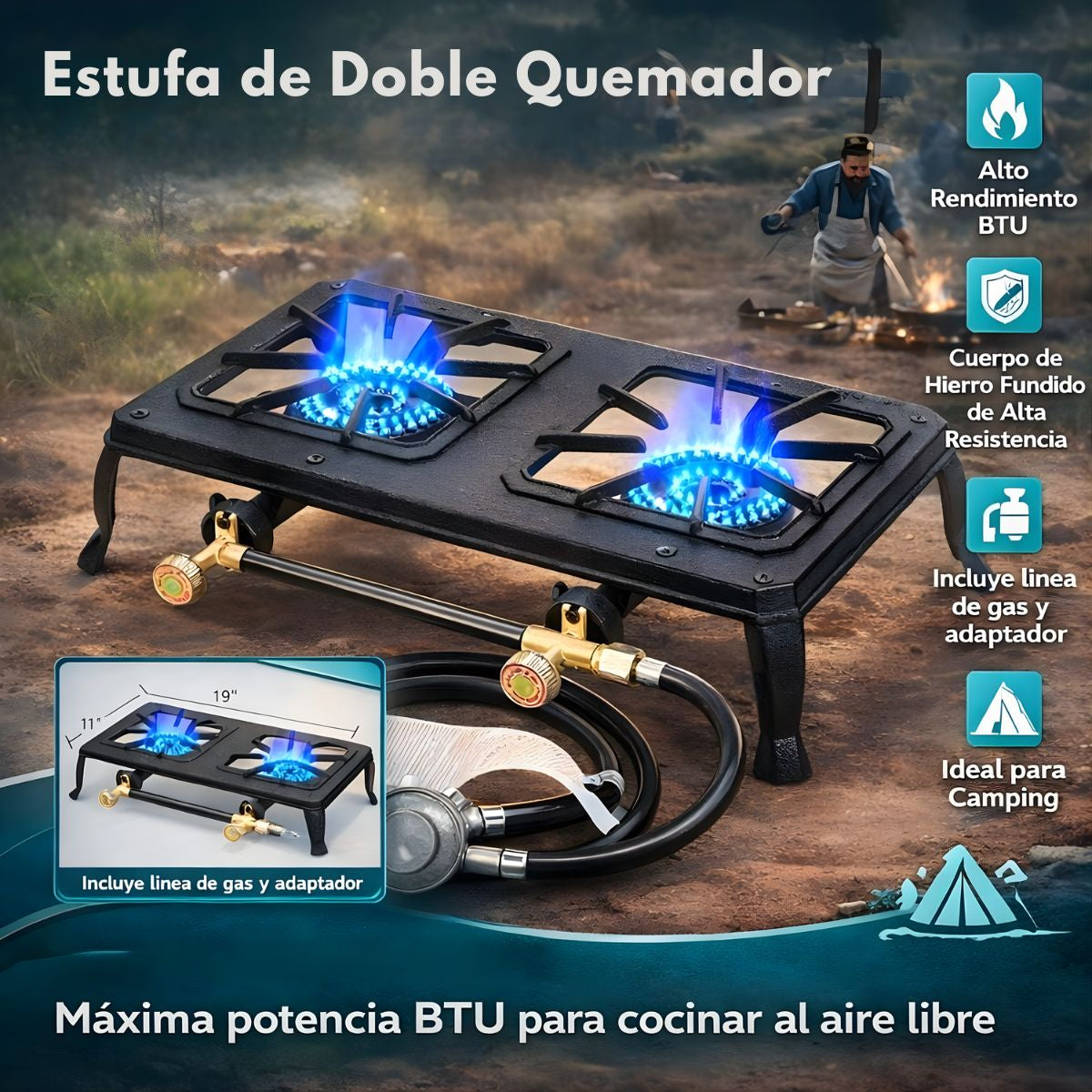 Estufa A Gas De 2 Quemadores De Hierro Fundido. Cocina Reforzada Para Uso Exterior con regulador americano. Calor Uniforme.