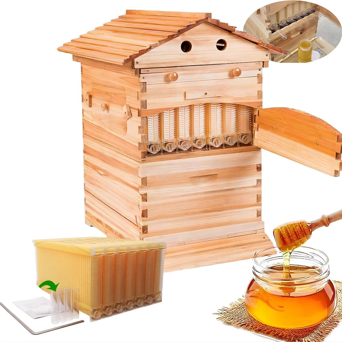 Colmena en Caja de Madera Natural con 7 Marcos Plásticos. Panal con Espesor 18mm con Flujo de Miel Automático. Caja Apicultura Hasta 25 Kg de Miel.