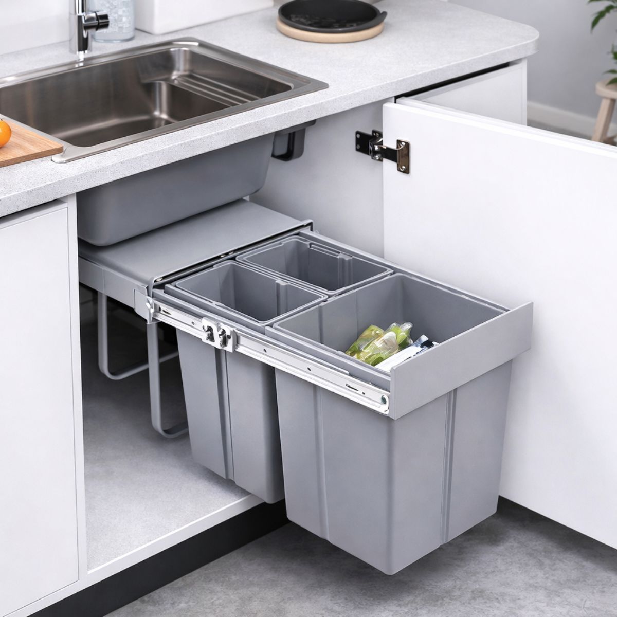 Basurero Empotrable Con 3 Compartimientos(20L + 10L + 10L) Para Gabinete De Cocina. Tinaco Con Sistema Deslizante Y Marco Metálico (48x34x41cm). Papelera empotrada Color Gris