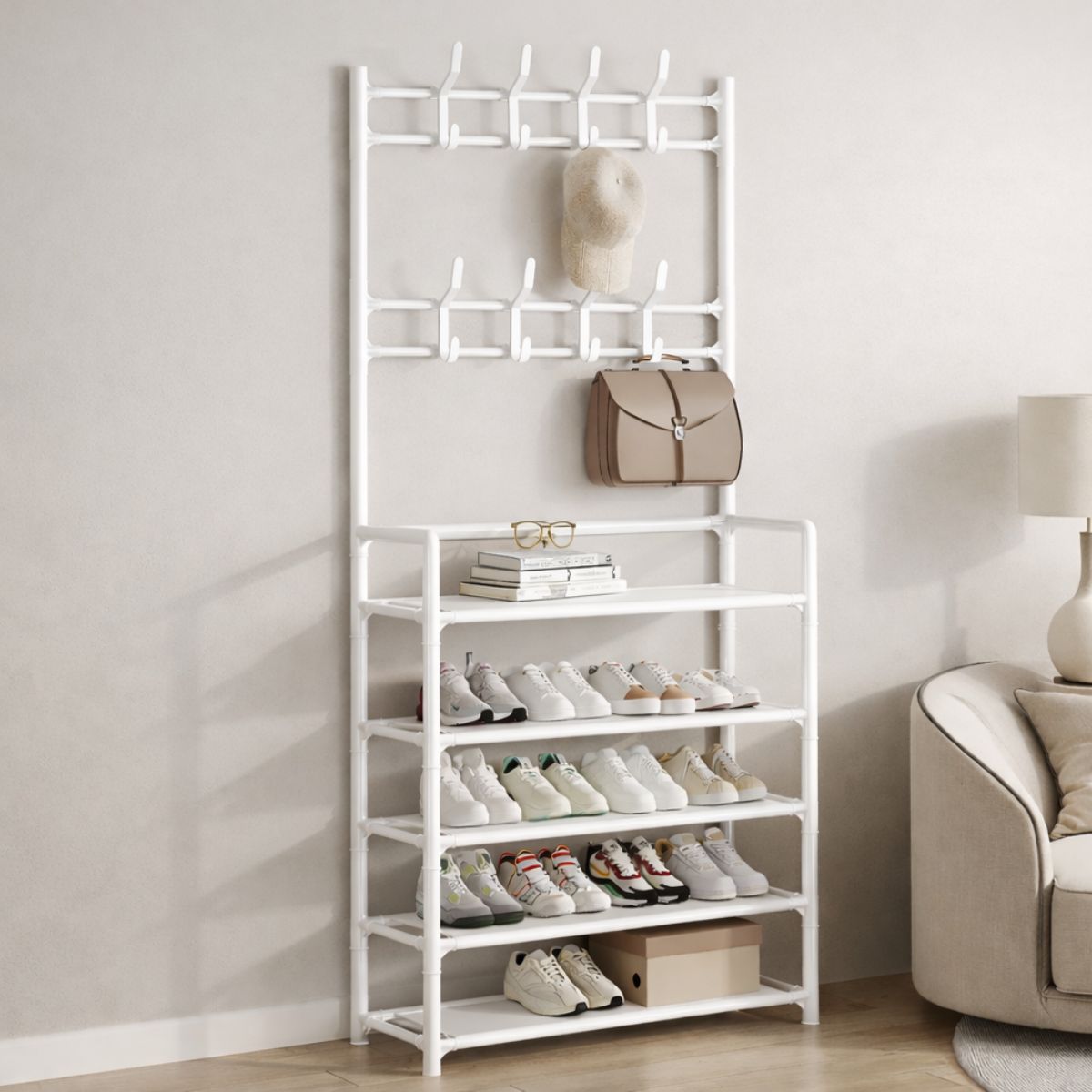 Zapatera Organizador de Zapatos de 5 Niveles con Perchero. Estantería de Acero con Ganchos Colgadores Multifuncional para Entrada Dormitorio. Color Blanco