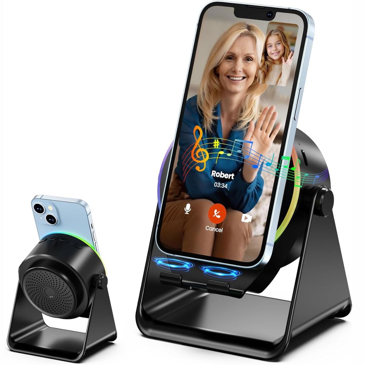 Soporte con Bocina Inalámbrico para Celular con Sensor Automático Luz LED RGB Compatible con Smartphone y Tablet. Bocina Bluetooth Recargable (Incluye cable USBC)