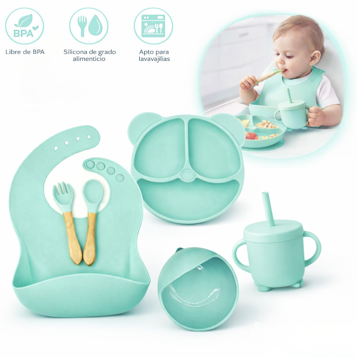 Plato de Silicon Antideslizante para Bebé con Babero Recogemigas, Bowl, Vaso con Tapa y Cubiertos, Libre de BPA. Vajilla Infantil para Aprendizaje. Color Verde Menta.