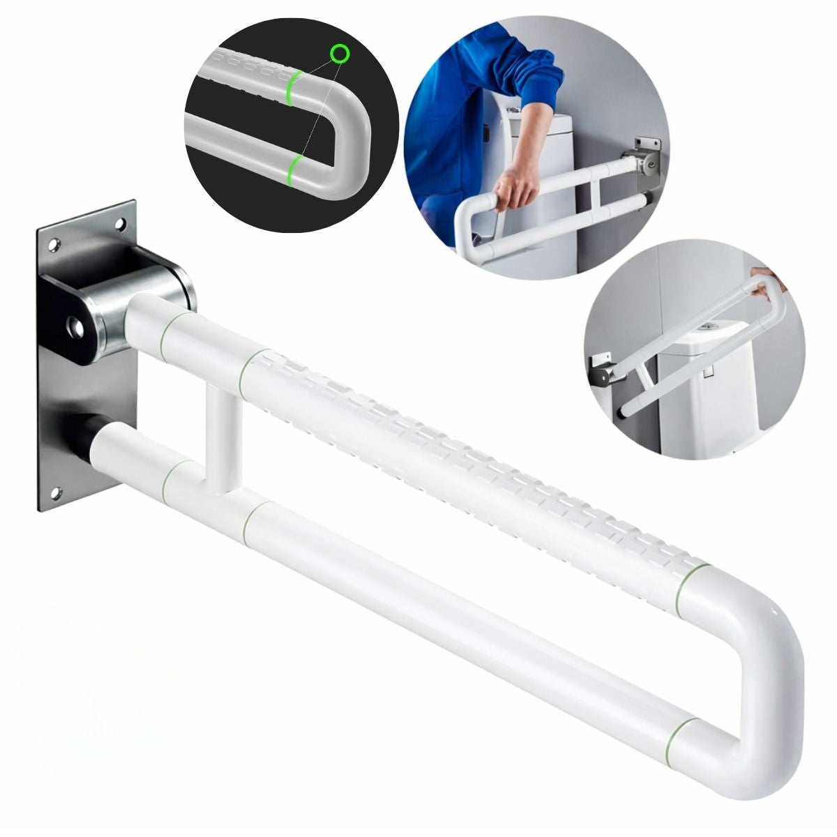 de Seguridad para discapacitados y adultos mayores (70cm) Apoyo Abatible para Baño con Luz Nocturna Fluorescente. Acero Inoxidable 304 para Inodoro. Color Blanco