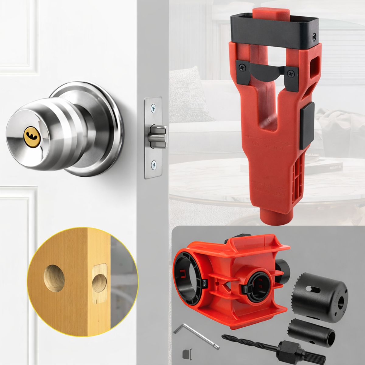 Kit de Instalación de Cerraduras para Puertas de Madera plantlla 35 -45 mm de espesor (1-3/8" y 1-3/4") con Guía de Perforación Ajustable y Sierra Copa Incluida. Rojo