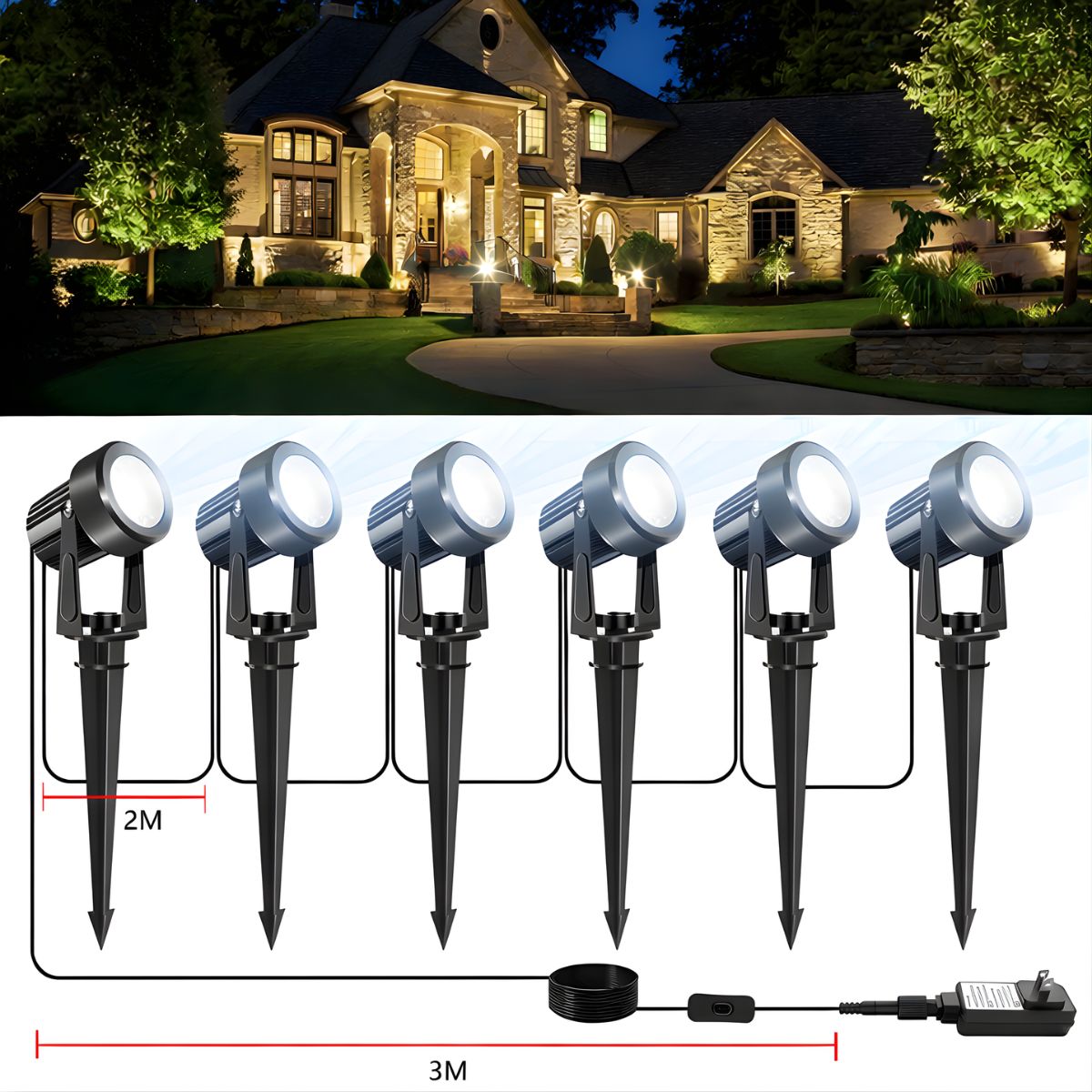 Kit de Luces LED para Jardín Exterior con Estacas – Iluminación Decorativa para Paisajismo 6000K con Enchufe y Cable 3M (Set de 6). Luz Blanca