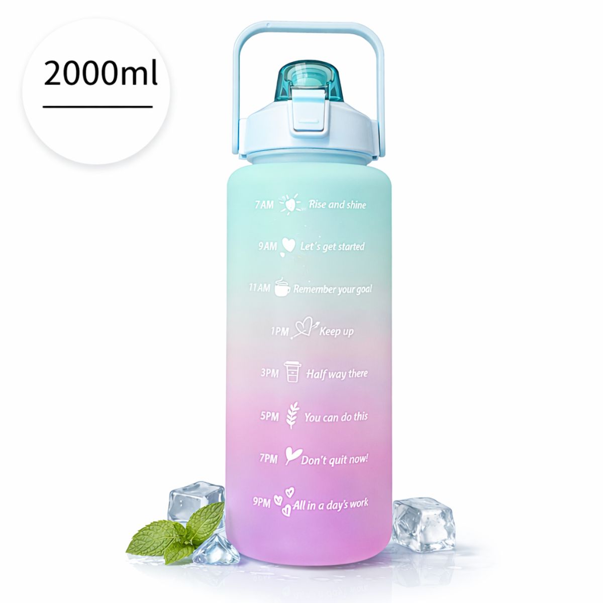 Botella de Agua Motivacional 2L con Marcador de Tiempo y Carrizo con Tapa Antiderrame y Asa. Libre de BPA para Gimnasio Oficina Escuela Viaje. Multicolor. Incluye Sticker
