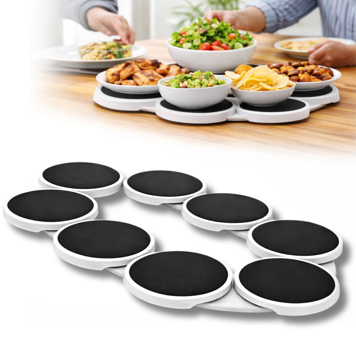 Bandeja Giratoria para Mesa Rectangular 100 cm Tipo Lazy Susan con 8 Platos Giratorios y Ruedas Deslizantes. Plataforma Giratoria para Servir Comida