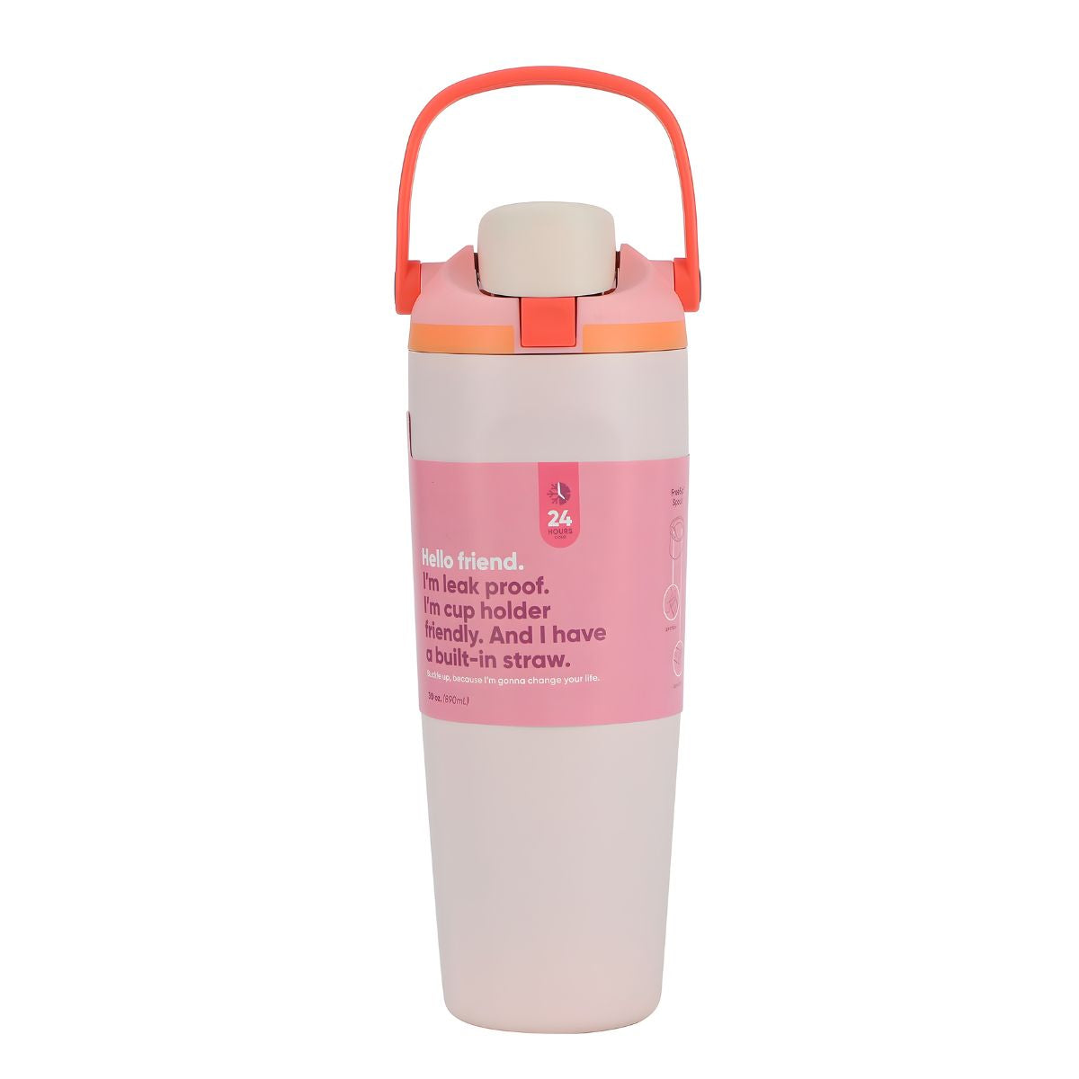 Botella De Agua Termo De 30oz. Vaso Térmico De Acero Inoxidable Con tapa hermética y Asa. Color blanco con rosado.