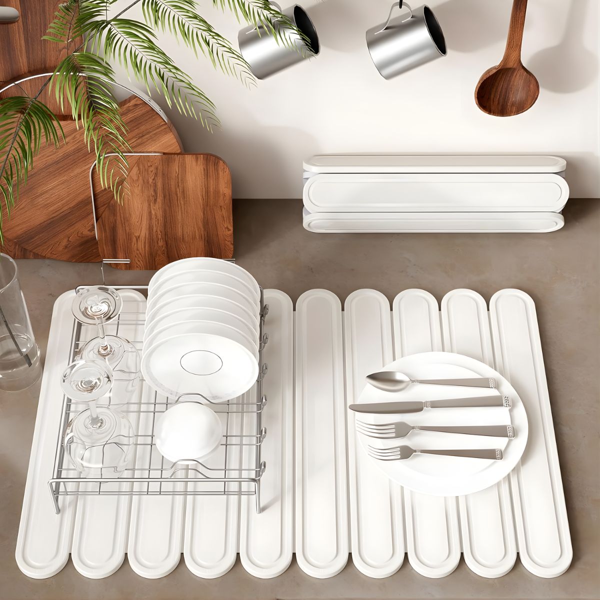 Tapete Diatomeas Diatomita Escurridor De Platos Plegable Enrollable (60X39cm). Base Absorbente Antideslizante Para Cocina. Color blanco.