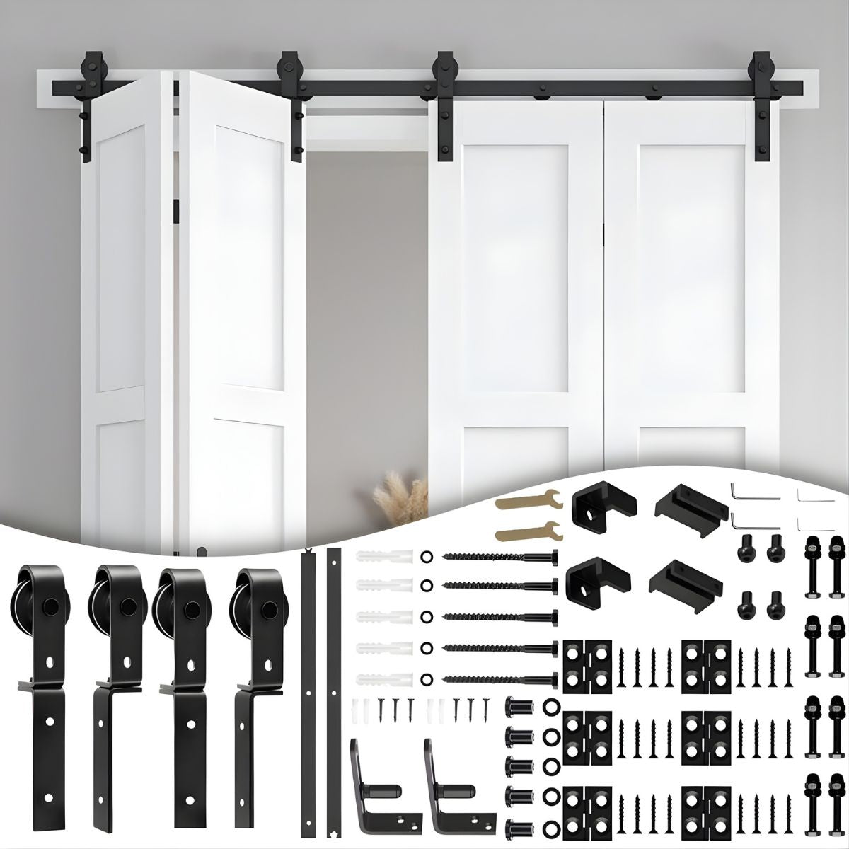 Riel para Puerta Corrediza Tipo Granero 60” (1500mm) para puertas plegables de 2 secciones plegables (4 pedasos de puerta). Kit Sistema Deslizante de Acero con Rodamientos y Accesorios.