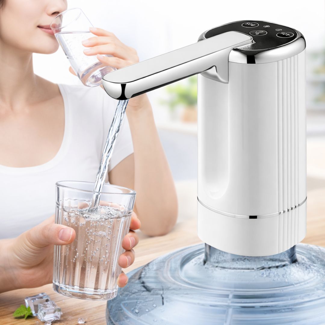 Dispensador Eléctrico de Agua para Garrafón Recargable USB-C. Bomba Automática 3 Modos 40s/80s/Continuo con Batería 1200mAh y Boquilla Plegable. Color Blanco