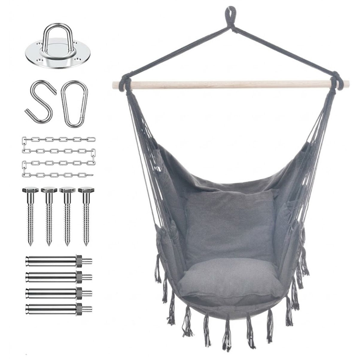 Silla Colgante Tipo Hamaca con Cojines y de Madera. Silla Columpio para Interior y Exterior con Kit de Instalación. (120x150cm) Color Gris