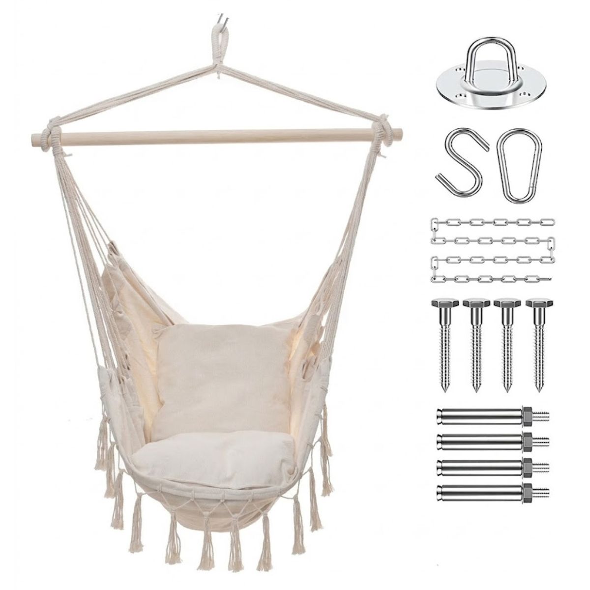 Silla Colgante Tipo Hamaca con Cojines y de Madera. Silla Columpio para Interior y Exterior con Kit de Instalación. (100x130cm) Color Blanco