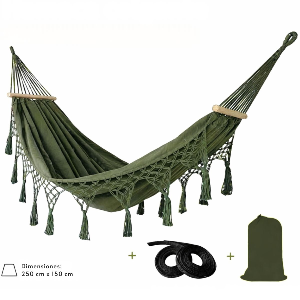 Hamaca Colgante de Borla De Lona Antivuelco. Chinchorro Ideal Para Camping Y Exterior de Color verde de 200x150cm. Incluye Accesorios.
