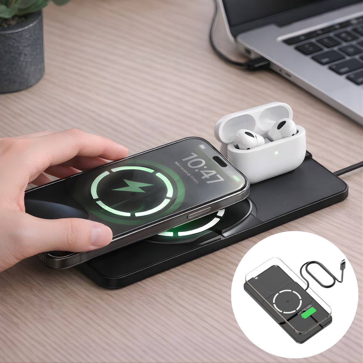 Cargador Inalámbrico Magnético 360°. Estación de Carga Tipo MagSafe para iPhone y Audífonos (Cable 1m).
