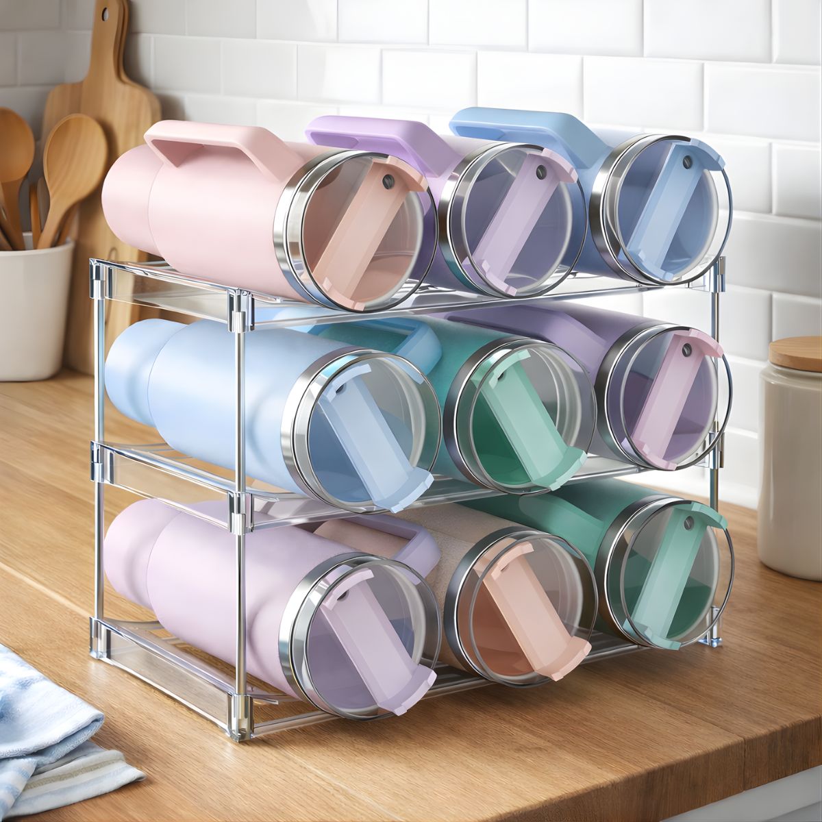 Organizador de Termos Botellas de agua y Vasos. Estante de 3 Niveles Transparente. Soporte para Botellas de Hasta 40 oz.