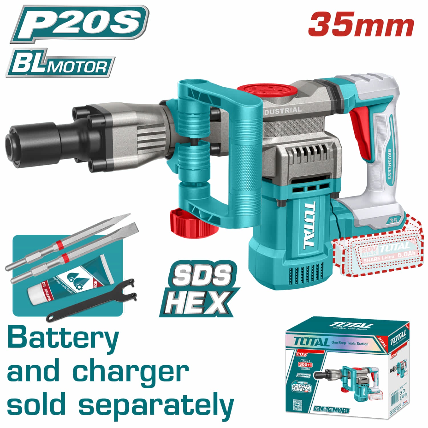 Martillo Demoledor SDS HEX Inalámbrico Motor sin escobillas 20V 0-3200 bpm 16J Batería y Cargador por separado.