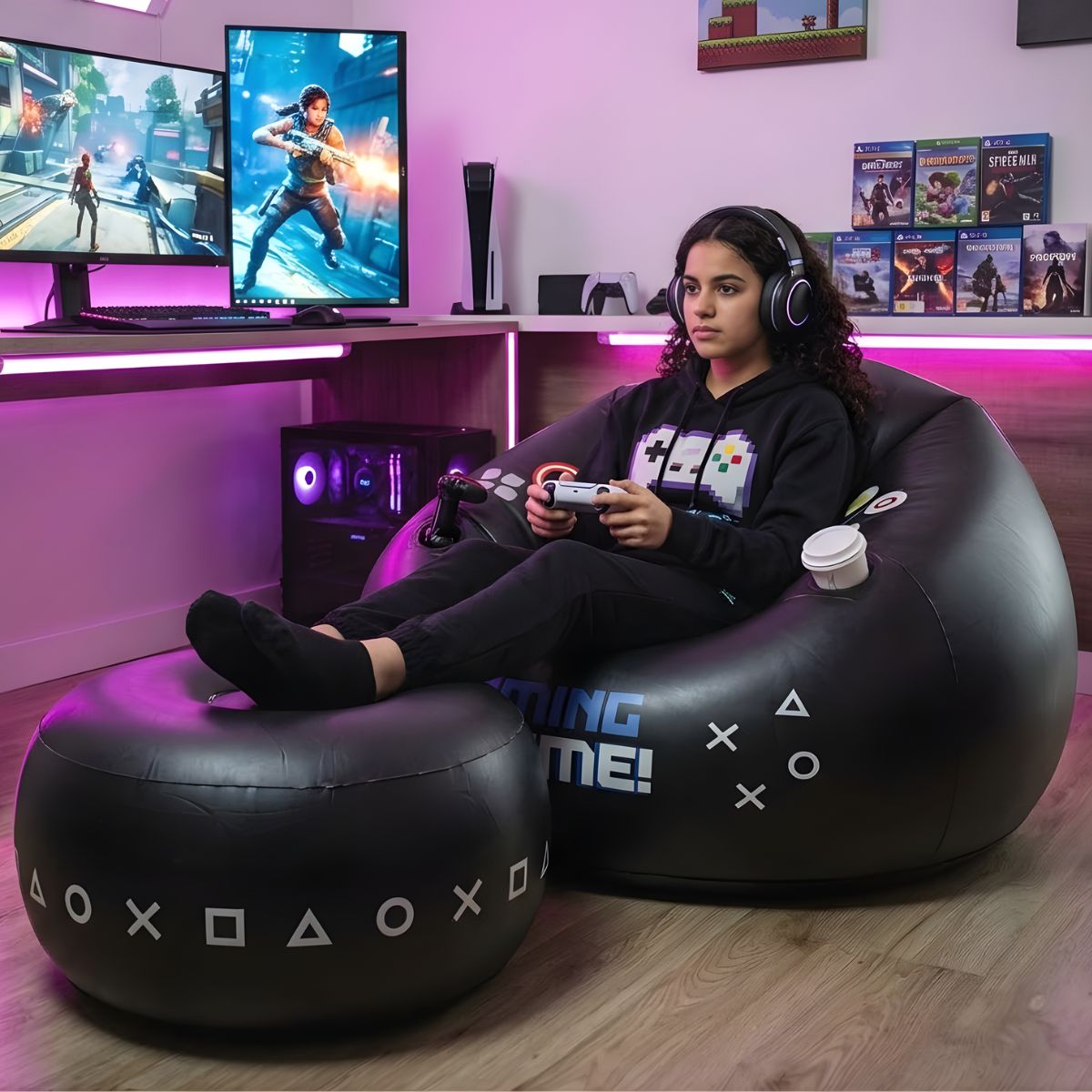 Sillón Inflable Gamer (105x105x70 cm) Con Reposapiés (65x33 cm) Y Portavasos. Sofá Ergonómico Cómodo Y Resistente.